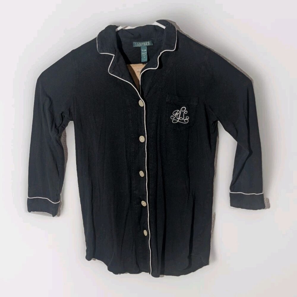 Lauren Ralph Lauren Women’s Sz Medium Black Nightgown Sleep Shirt W/Pockets Logo